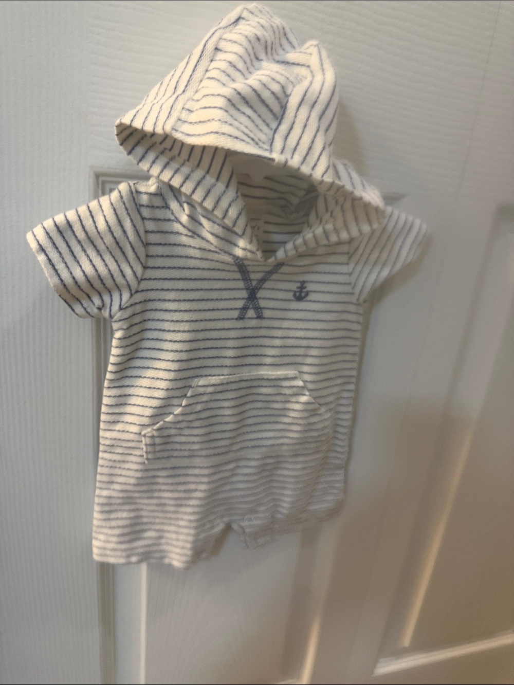 Carter's White & Navy Striped Hooded Romper